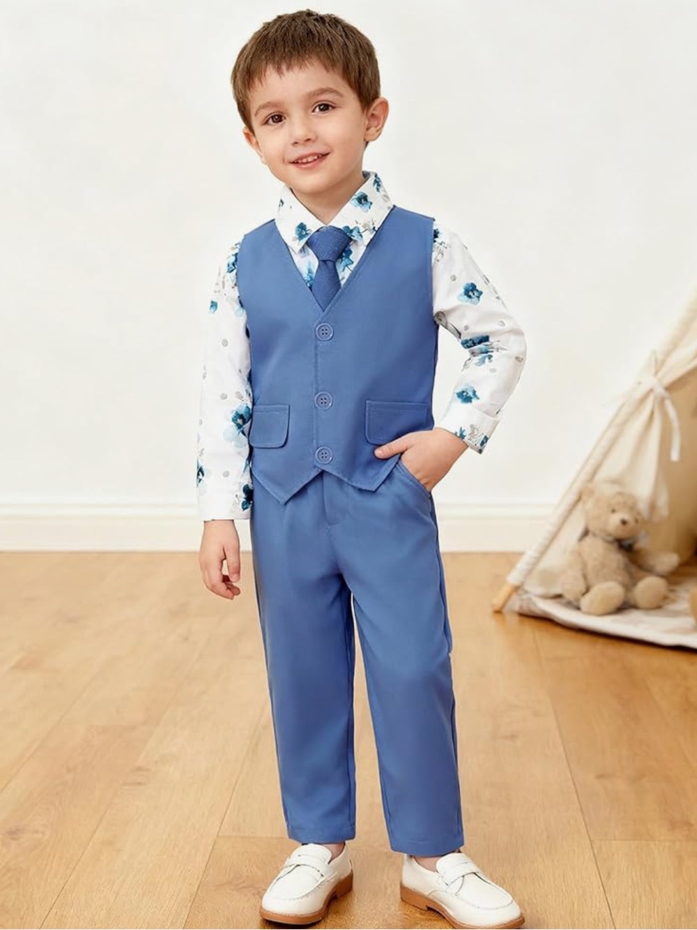 4 piece Boys Light Blue Vest & Pants Formal Suit with Floral Shirt and Tie